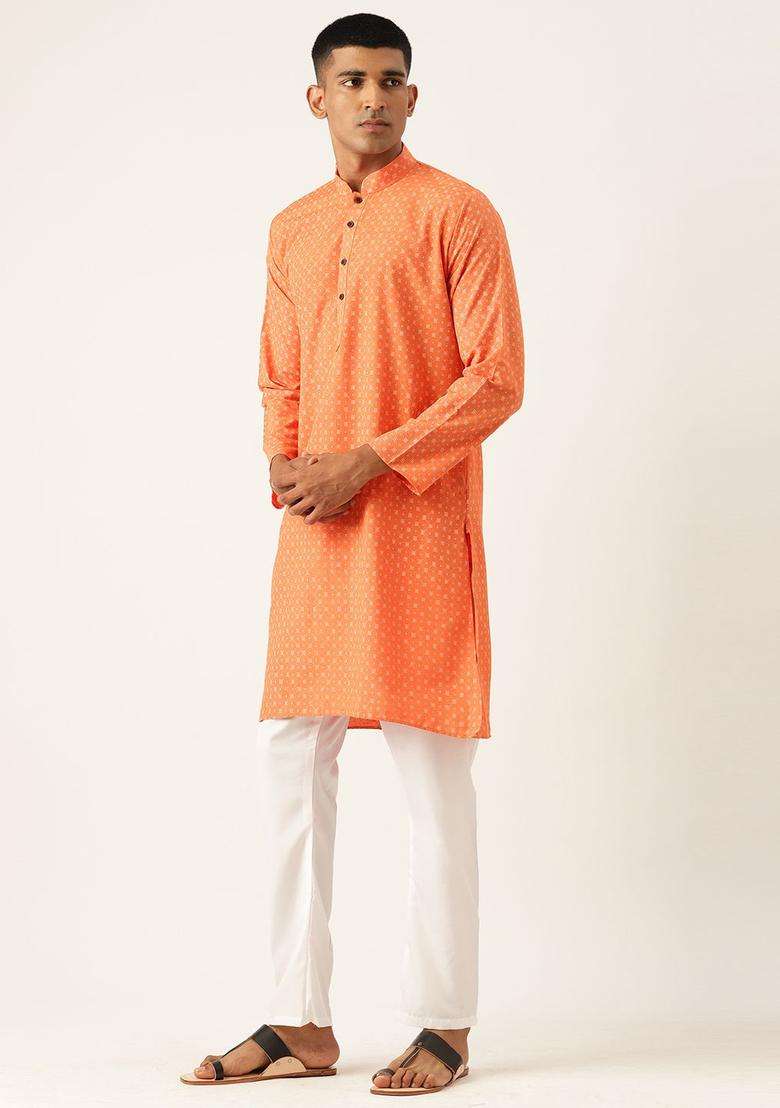 Orange Printed Cotton Kurta Set For Men - Indya