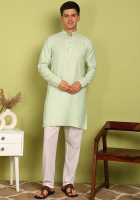 Green Woven Design Silk Kurta Set For Men