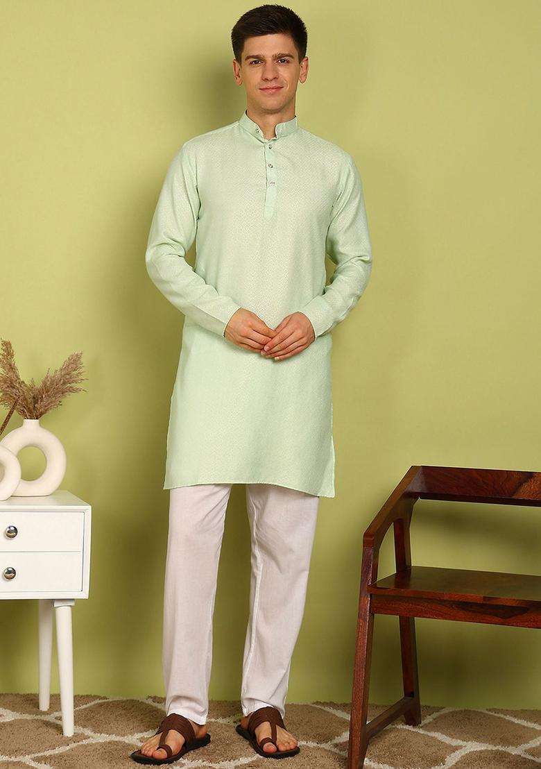 Green Woven Design Silk Blend Kurta Set For Men - Indya