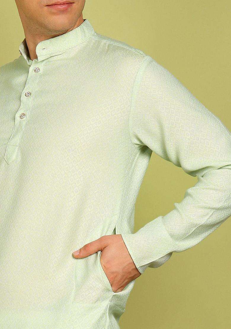 Green Woven Design Silk Blend Kurta Set For Men - Indya