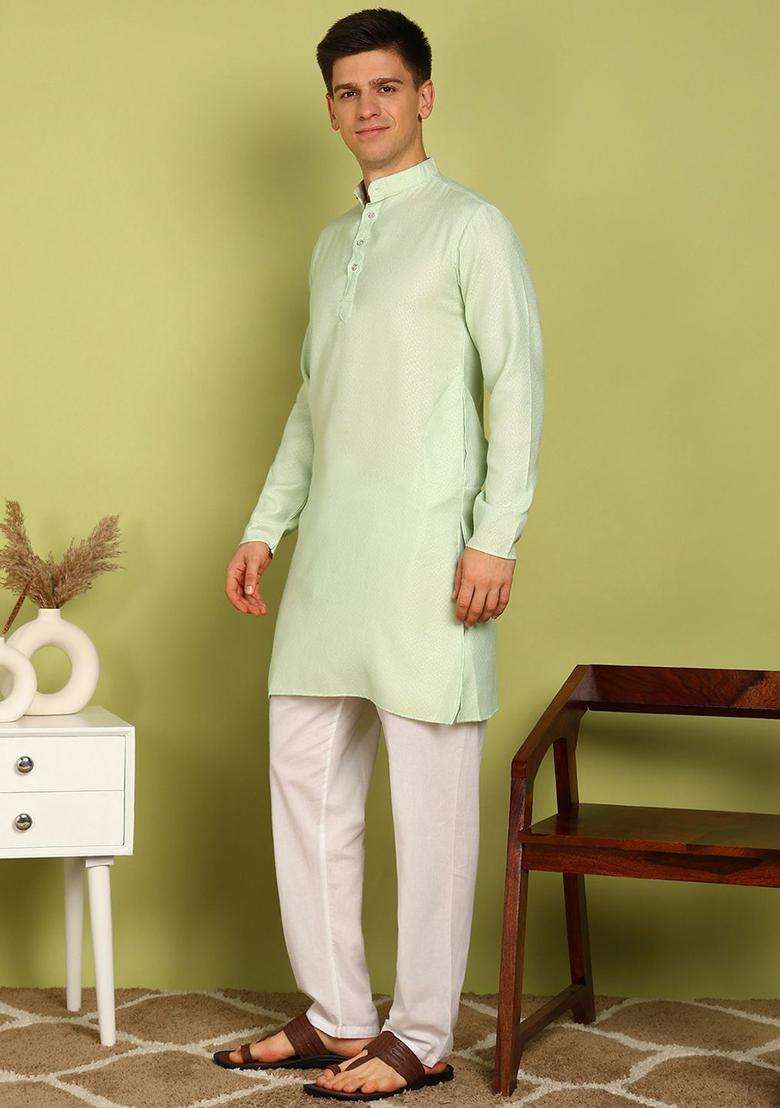 Green Woven Design Silk Blend Kurta Set For Men - Indya