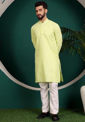 Green Printed Cotton Kurta Set For Men
