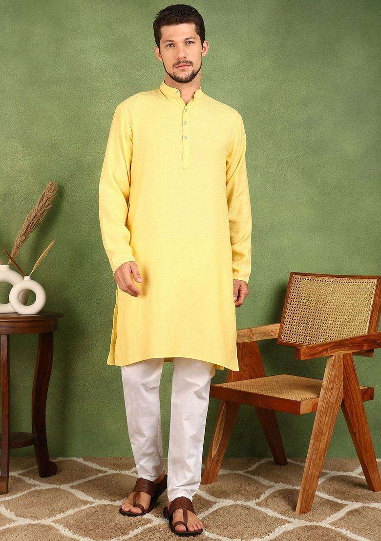 Yellow Woven Design Silk Blend Kurta Set For Men - Indya
