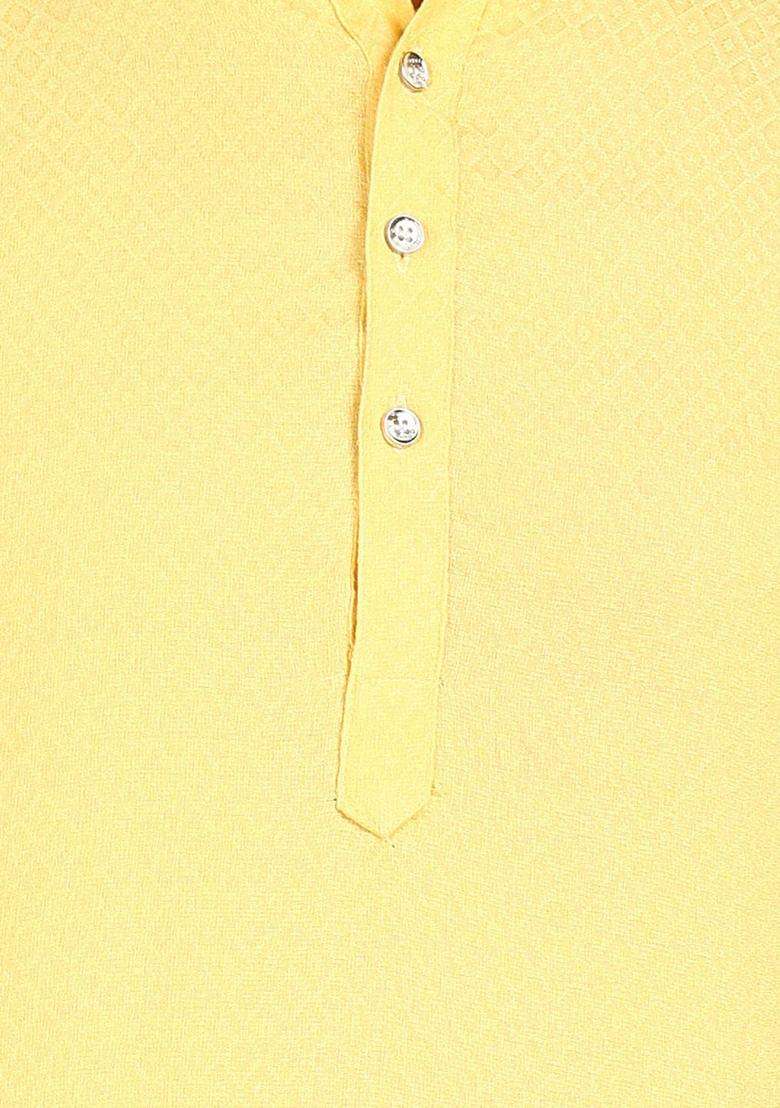 Yellow Woven Design Silk Blend Kurta Set For Men - Indya