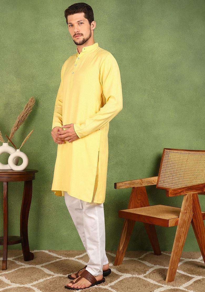 Yellow Woven Design Silk Blend Kurta Set For Men - Indya