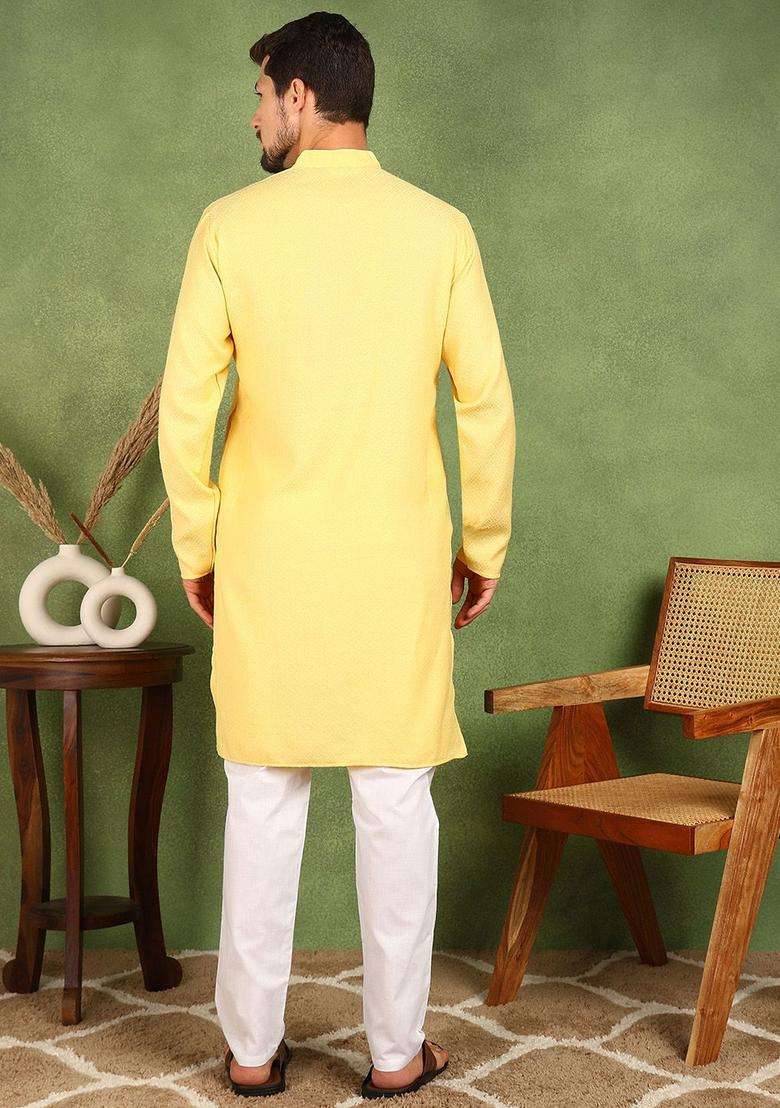 Yellow Woven Design Silk Blend Kurta Set For Men - Indya