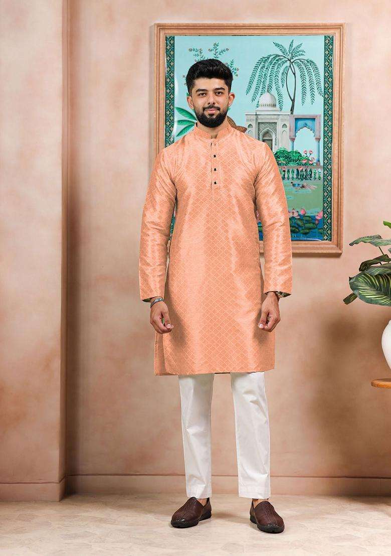 Peach Embroidered Silk Blend Kurta Set For Men - Indya