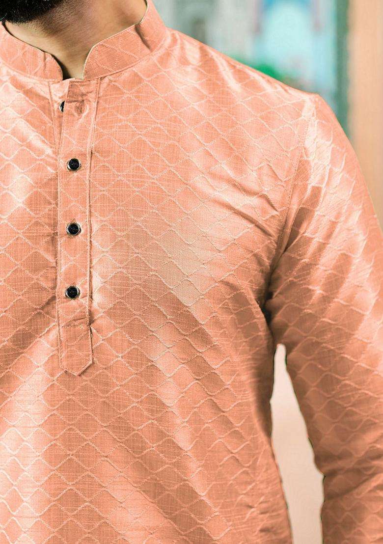 Peach Embroidered Silk Blend Kurta Set For Men - Indya