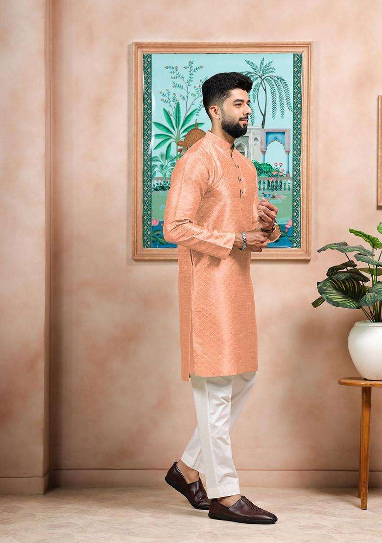 Peach Embroidered Silk Blend Kurta Set For Men - Indya