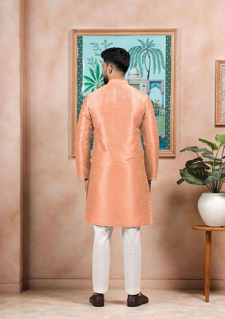 Peach Embroidered Silk Blend Kurta Set For Men - Indya
