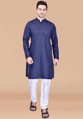 Navy Blue Solid Cotton Kurta Set For Men