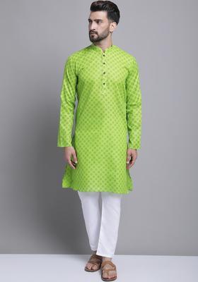Green Printed Cotton Kurta Set For Men