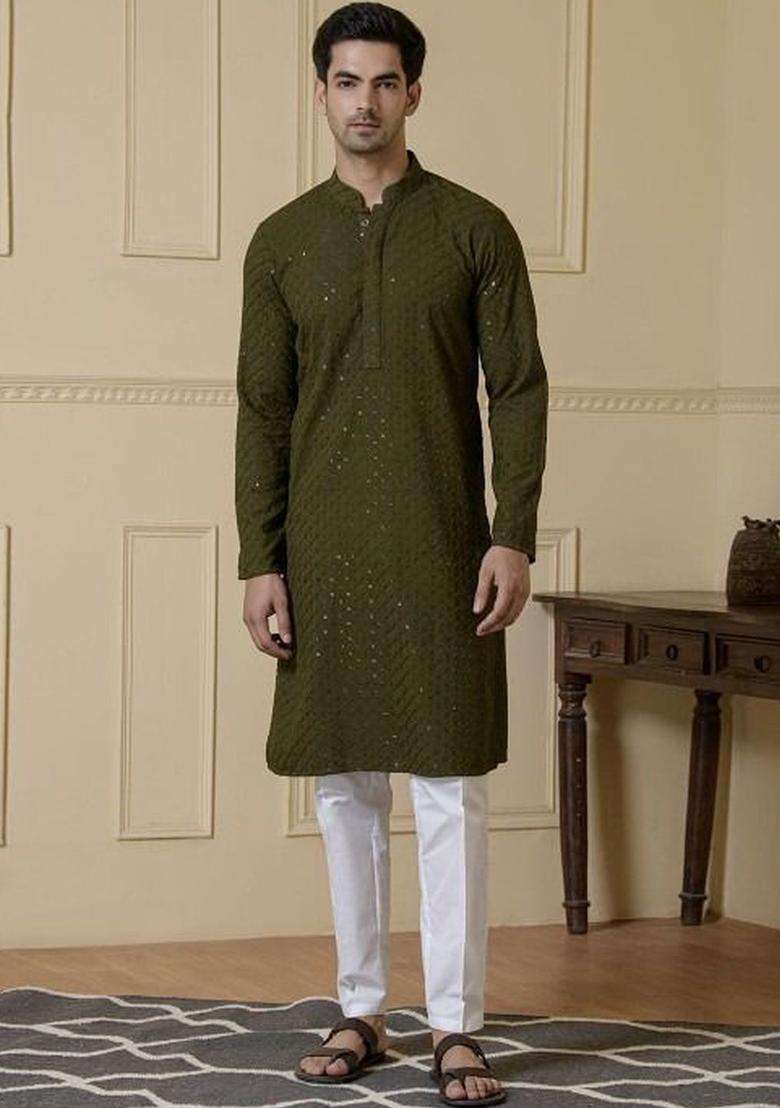 Olive Self Design Polyester Kurta Set For Men - Indya