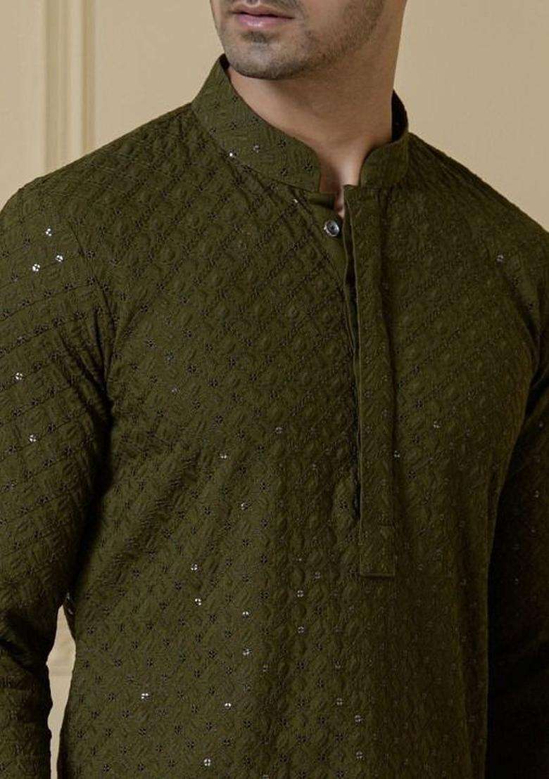 Olive Self Design Polyester Kurta Set For Men - Indya