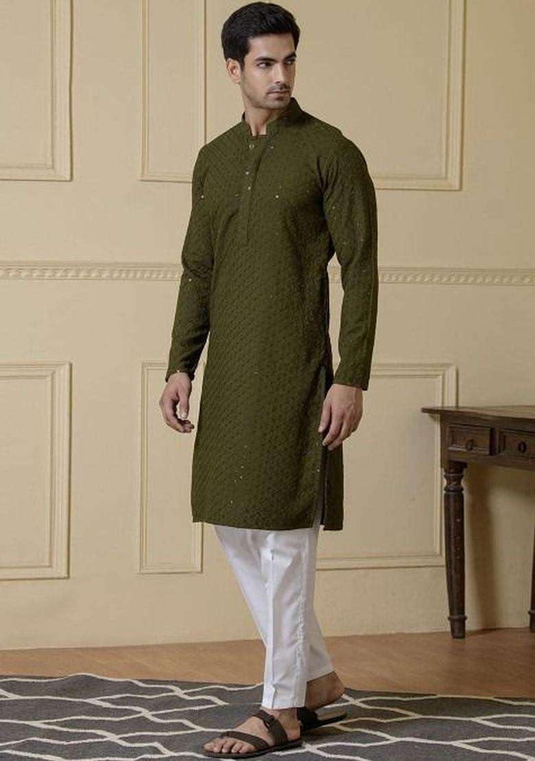 Olive Self Design Polyester Kurta Set For Men - Indya