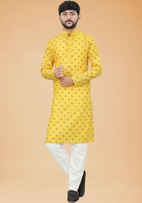 Yellow Printed Cotton Kurta Set For Men