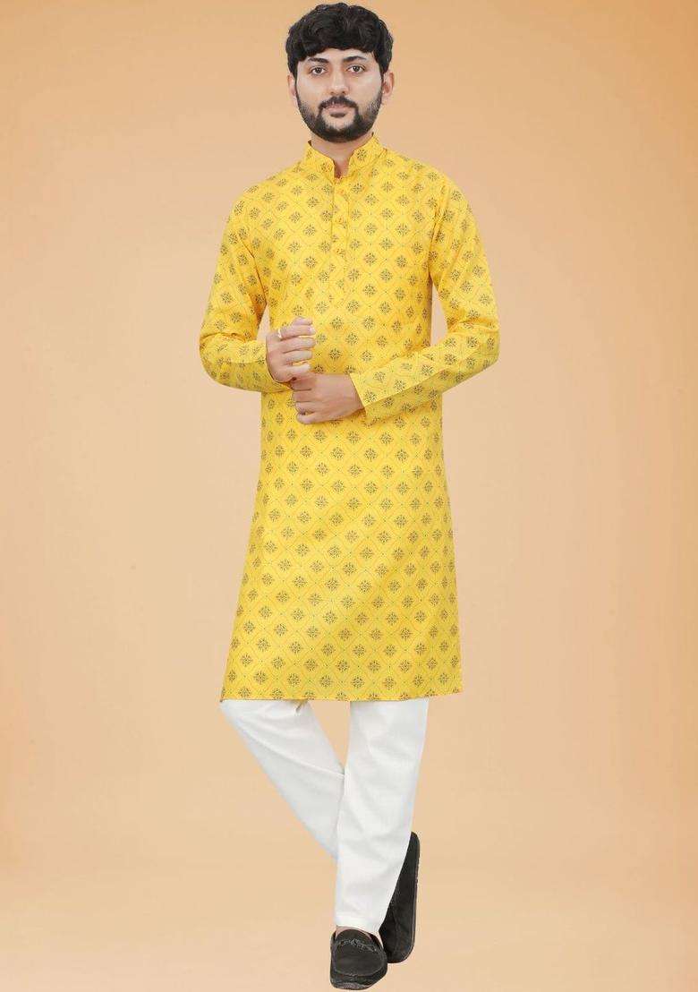 Yellow Printed Cotton Kurta Set For Men - Indya