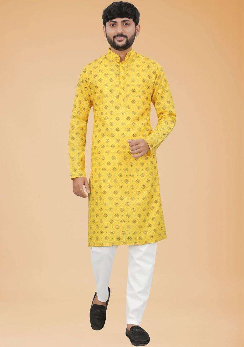 Yellow Printed Cotton Kurta Set For Men - Indya