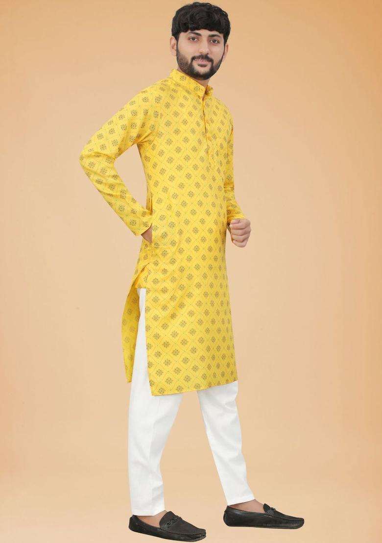 Yellow Printed Cotton Kurta Set For Men - Indya