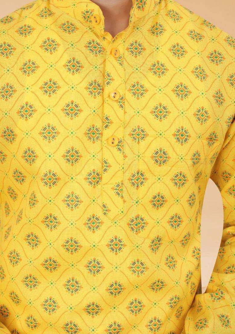 Yellow Printed Cotton Kurta Set For Men - Indya