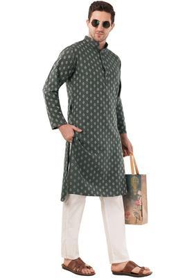 Grey Printed Cotton Kurta Set For Men
