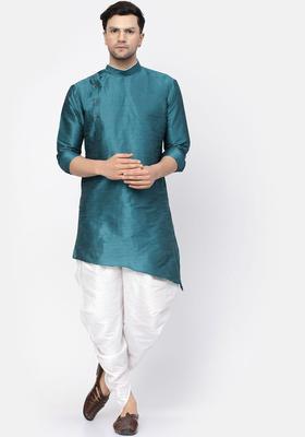 Green Solid Silk Kurta Set For Men