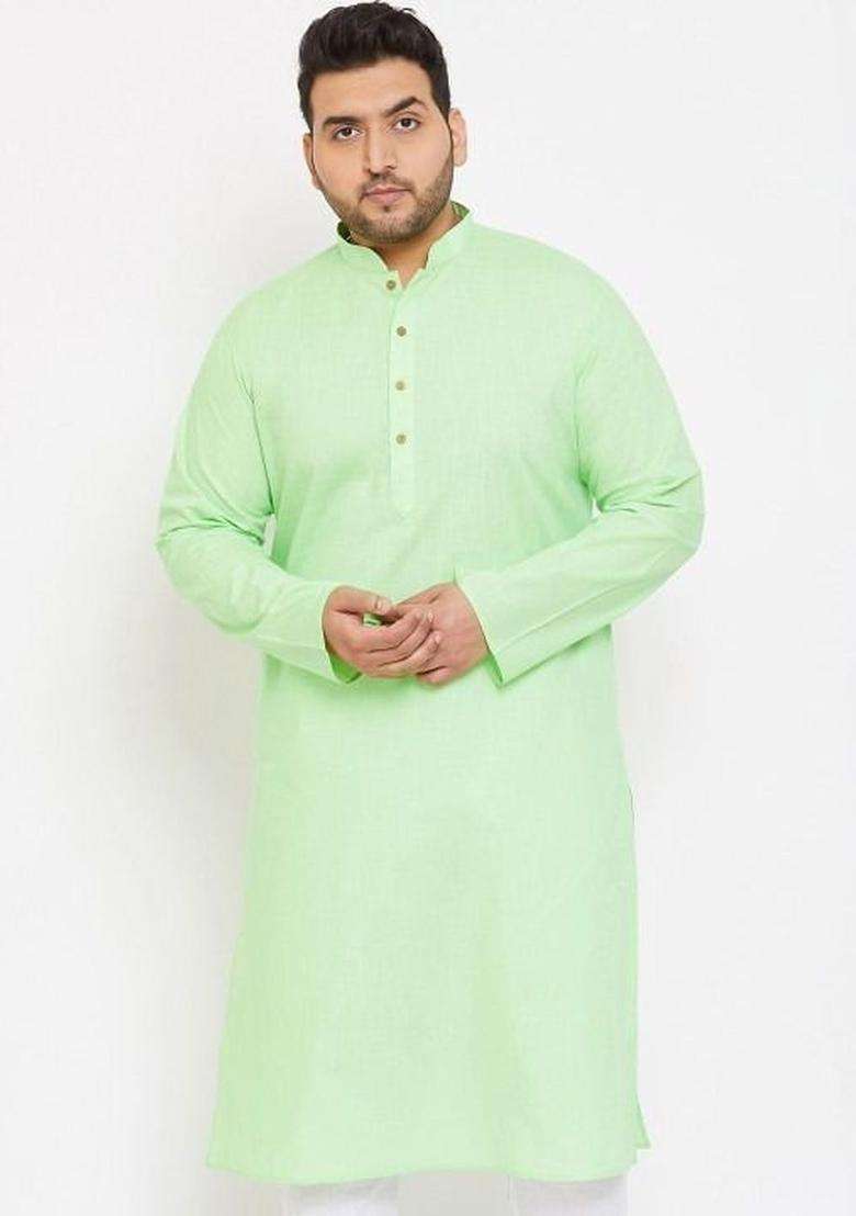 Lime Green Solid Cotton Kurta Set For Men - Indya