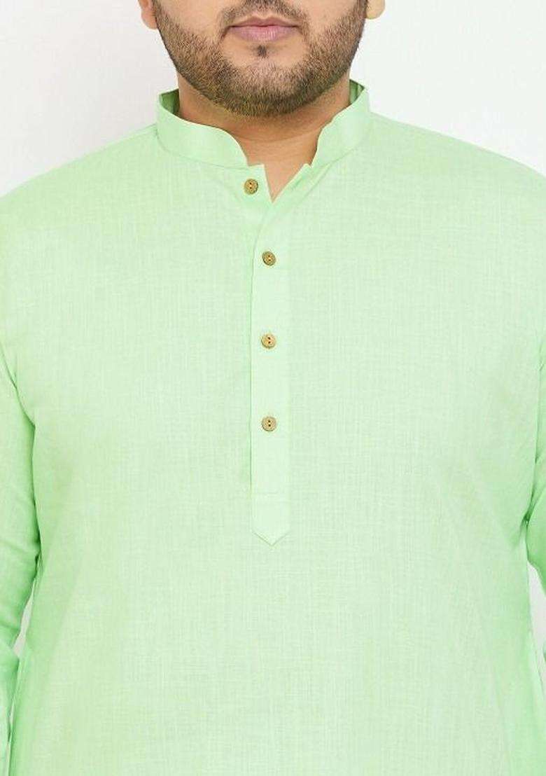 Lime Green Solid Cotton Kurta Set For Men - Indya
