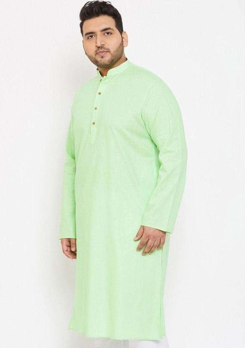 Lime Green Solid Cotton Kurta Set For Men - Indya
