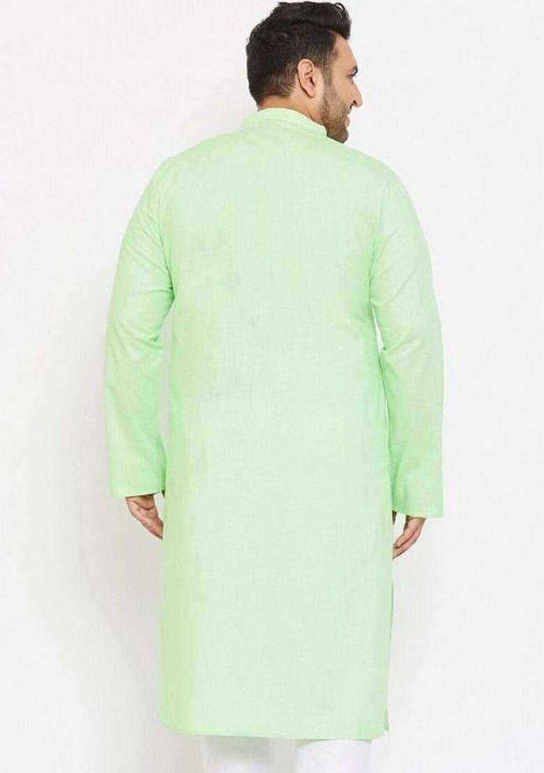 Lime Green Solid Cotton Kurta Set For Men - Indya