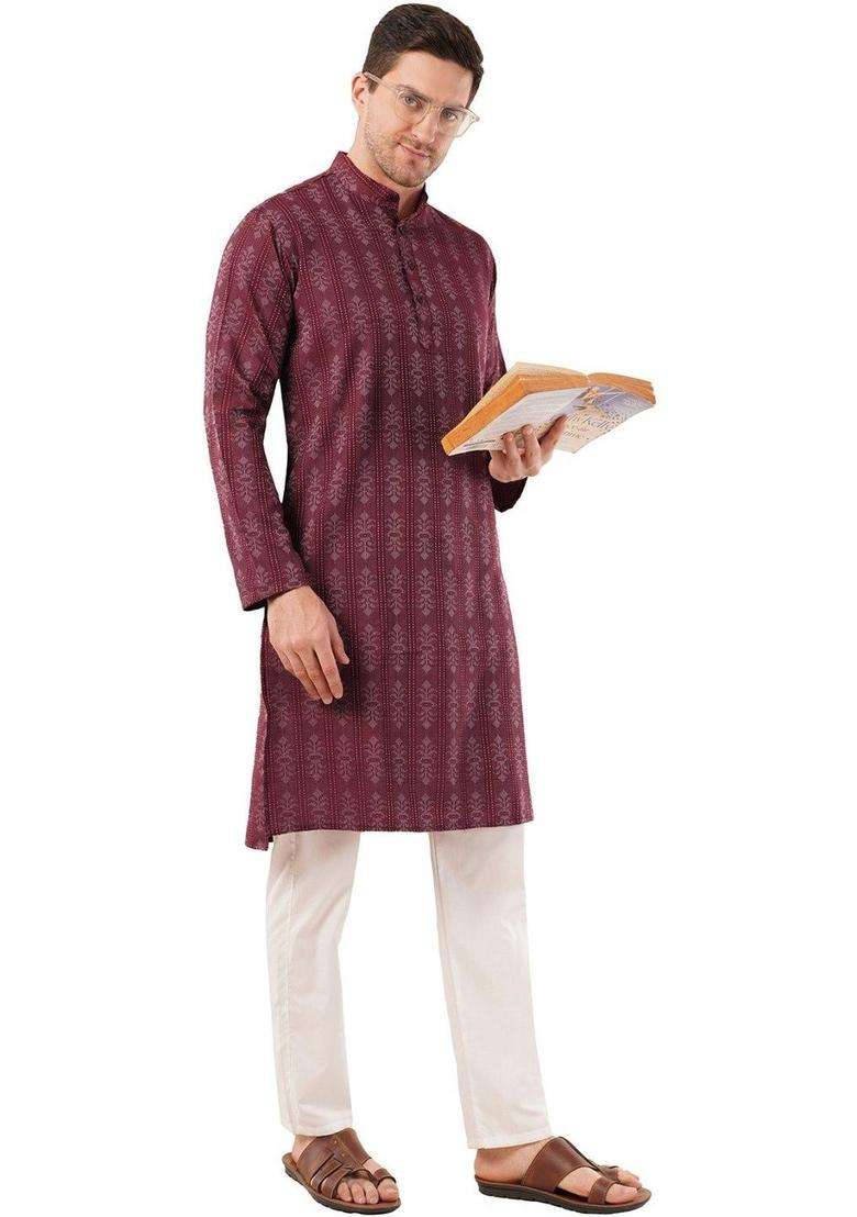 Maroon Printed Cotton Kurta Set For Men - Indya