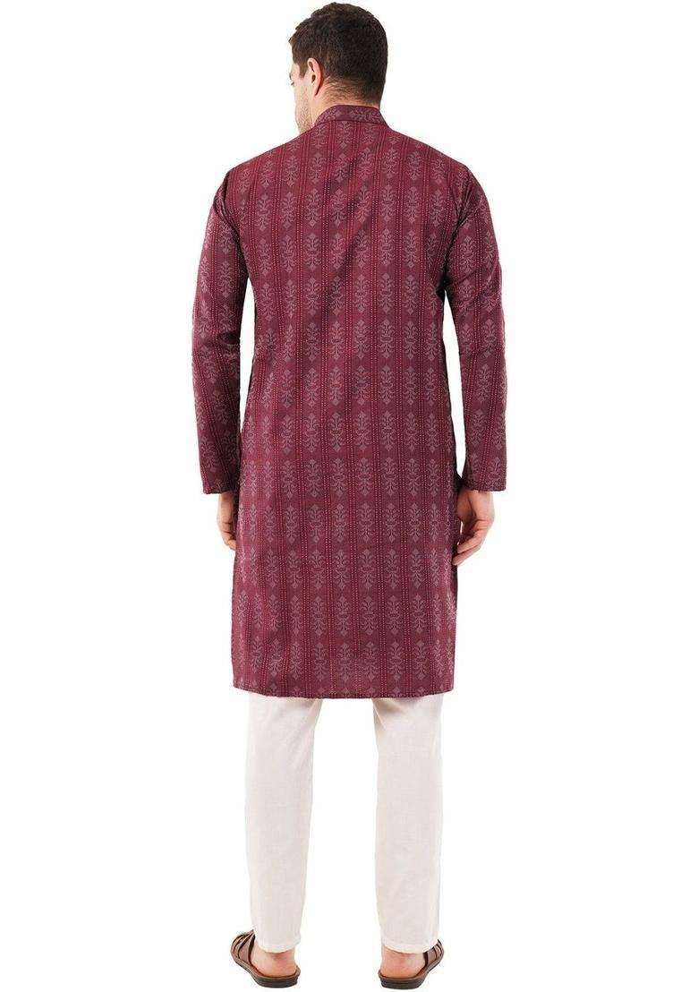 Maroon Printed Cotton Kurta Set For Men - Indya