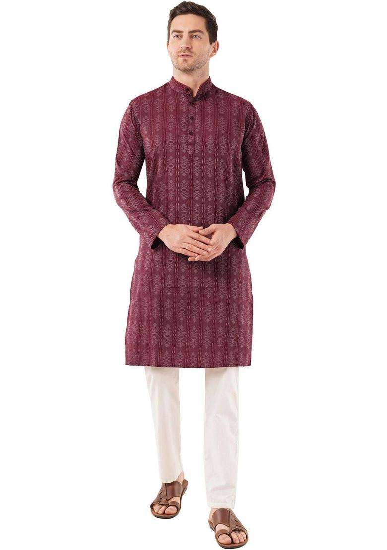 Maroon Printed Cotton Kurta Set For Men - Indya
