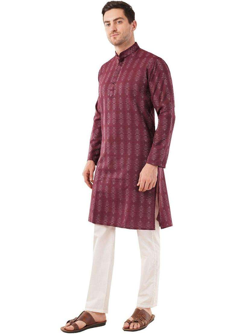 Maroon Printed Cotton Kurta Set For Men - Indya