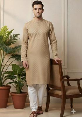 Beige Self Design Cotton Kurta Set For Men