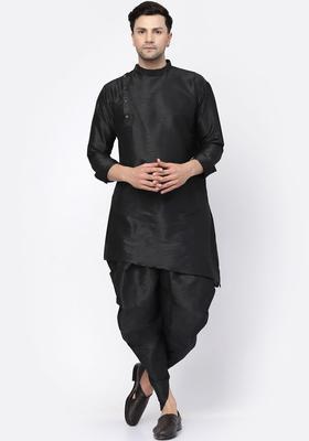 Black Solid Silk Kurta Set For Men
