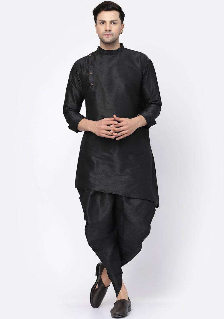 Black Solid Silk Blend Kurta Set For Men - Indya