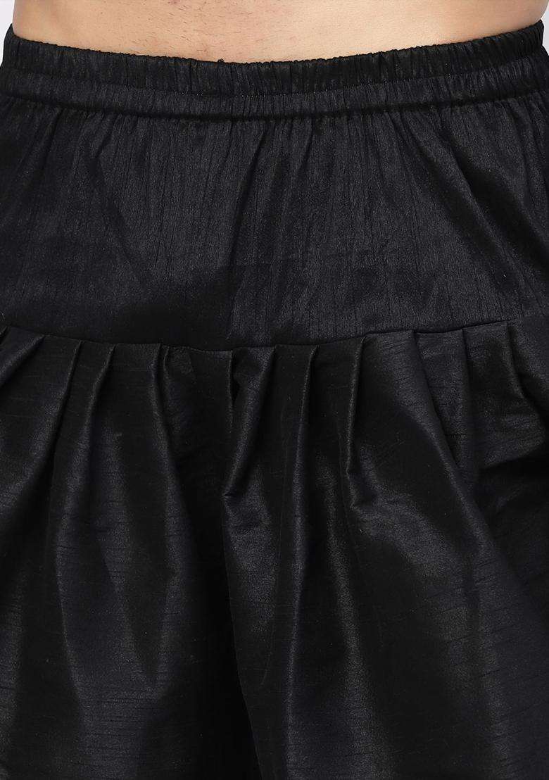 Black Solid Silk Blend Kurta Set For Men - Indya