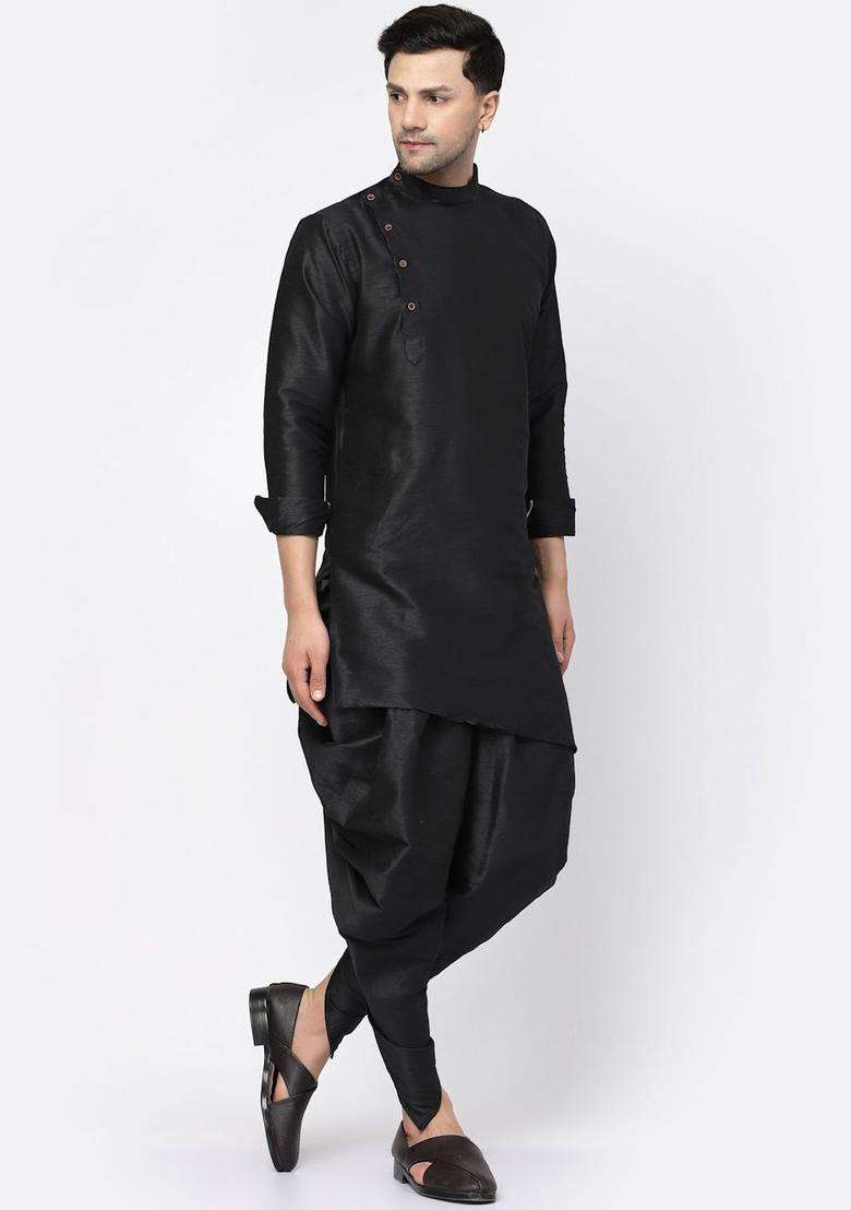 Black Solid Silk Blend Kurta Set For Men - Indya