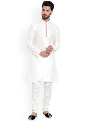 White Solid Silk Kurta Set For Men