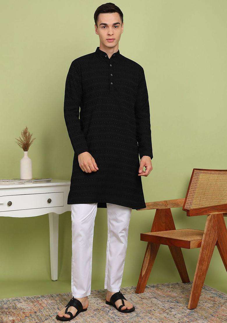 Black Self Design Cotton Kurta Set For Men - Indya