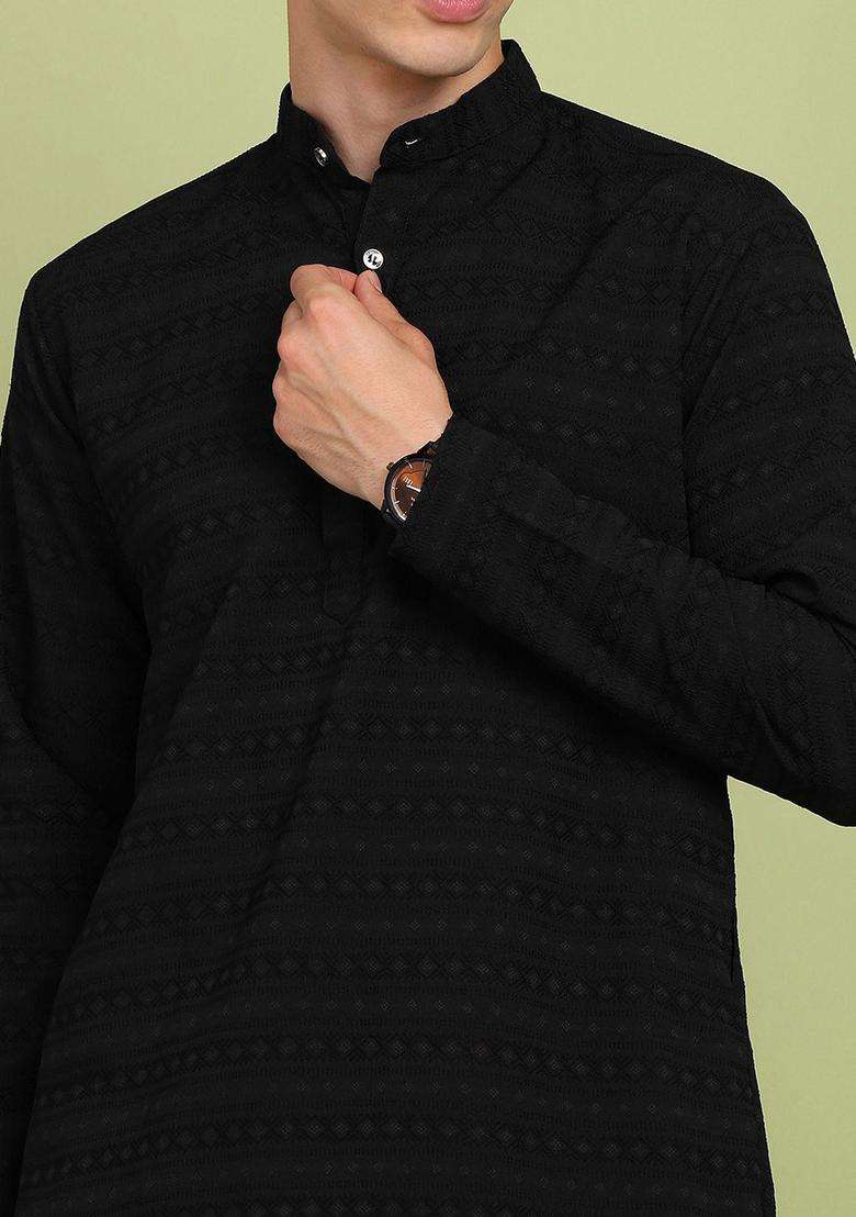 Black Self Design Cotton Kurta Set For Men - Indya