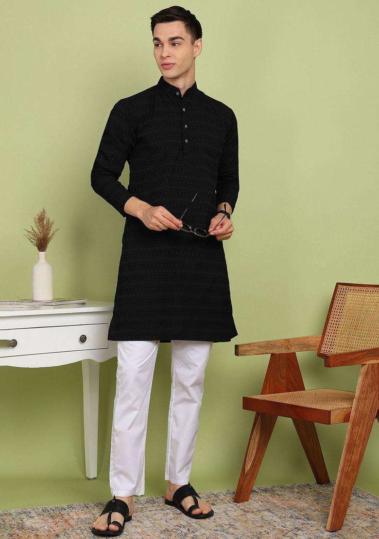 Black Self Design Cotton Kurta Set For Men - Indya