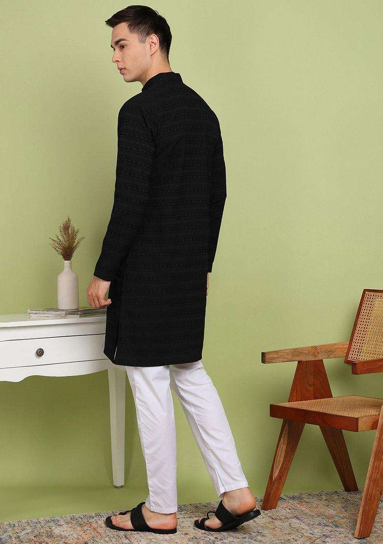 Black Self Design Cotton Kurta Set For Men - Indya