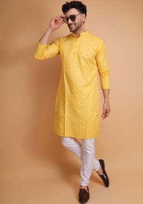 Yellow Printed Cotton Kurta Set For Men