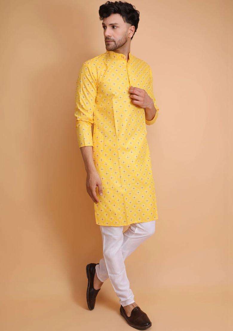 Yellow Printed Cotton Kurta Set For Men - Indya