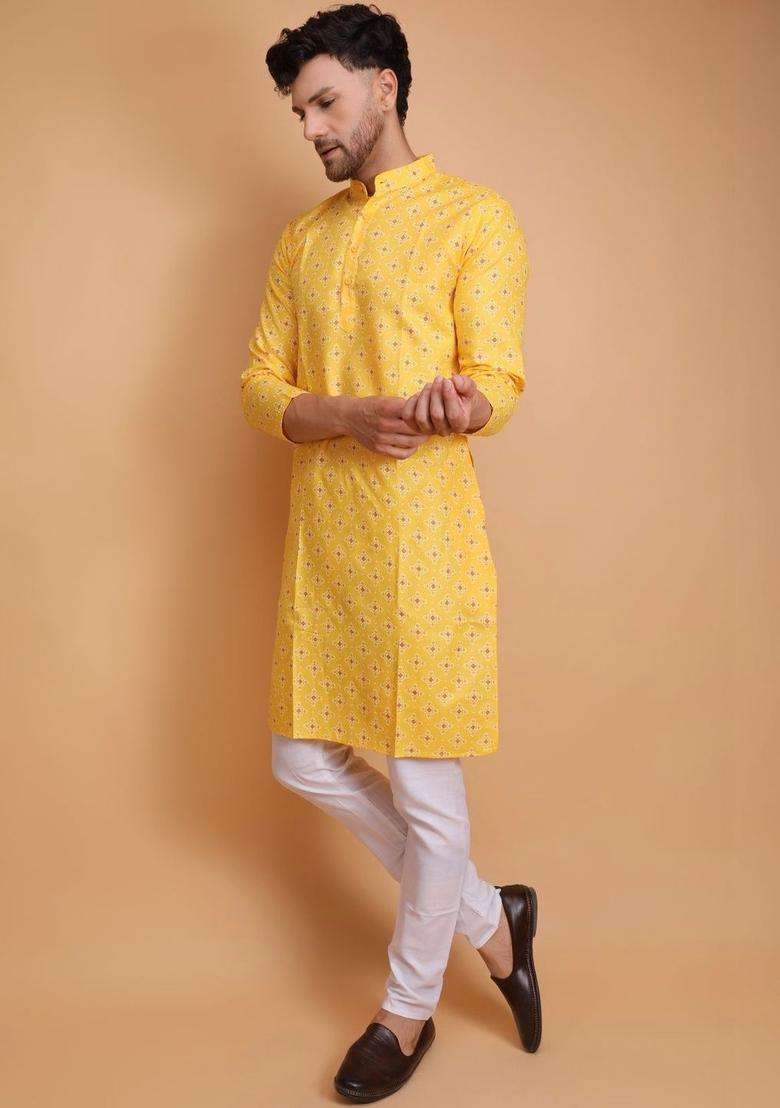 Yellow Printed Cotton Kurta Set For Men - Indya