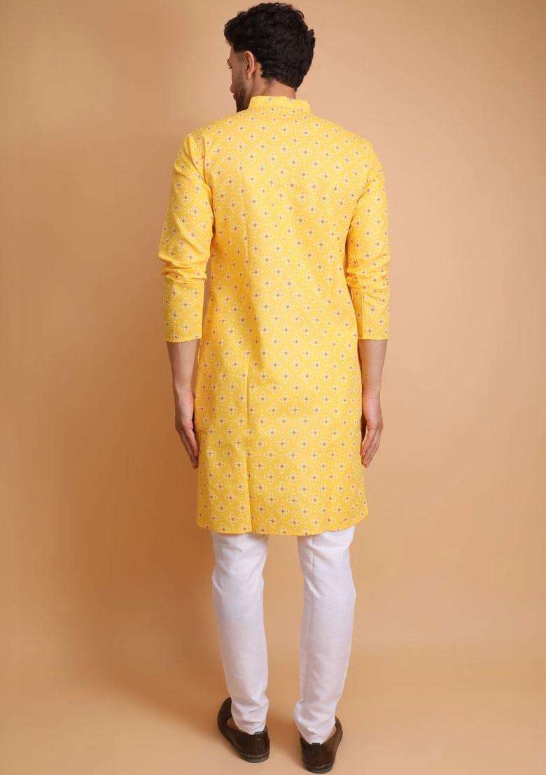 Yellow Printed Cotton Kurta Set For Men - Indya