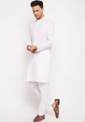 White Solid Cotton Kurta Set For Men