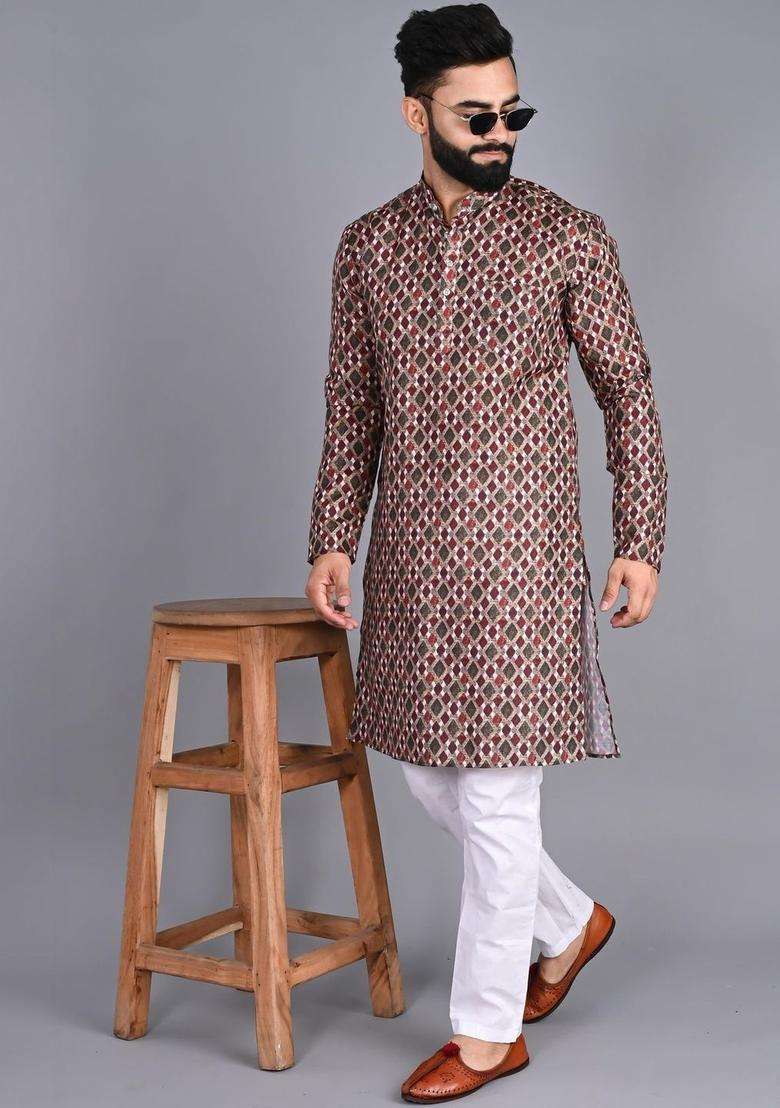 Multi Printed Cotton Kurta Set For Men - Indya